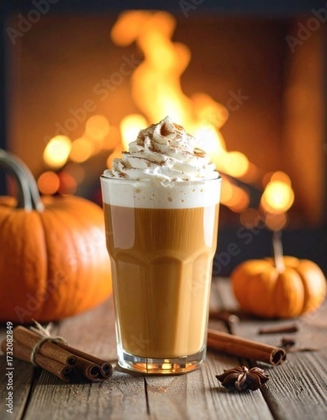 Obraz Cozy Autumn Pumpkin Spice Latte on Rustic Countertop – Warm Fall Coffee Drink Photography