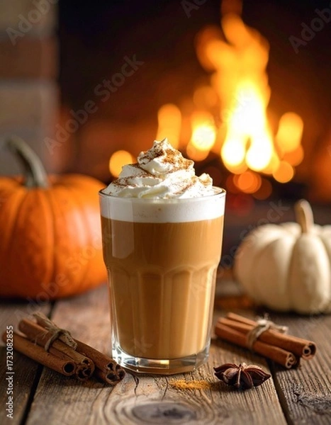 Fototapeta Cozy Autumn Pumpkin Spice Latte on Rustic Countertop – Warm Fall Coffee Drink Photography