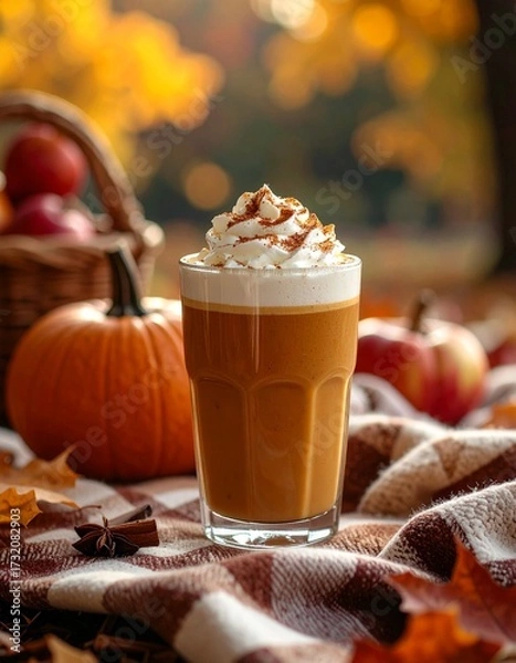 Fototapeta Cozy Autumn Pumpkin Spice Latte on Rustic Countertop – Warm Fall Coffee Drink Photography