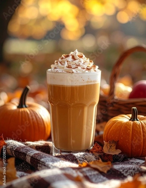 Fototapeta Cozy Autumn Pumpkin Spice Latte on Rustic Countertop – Warm Fall Coffee Drink Photography