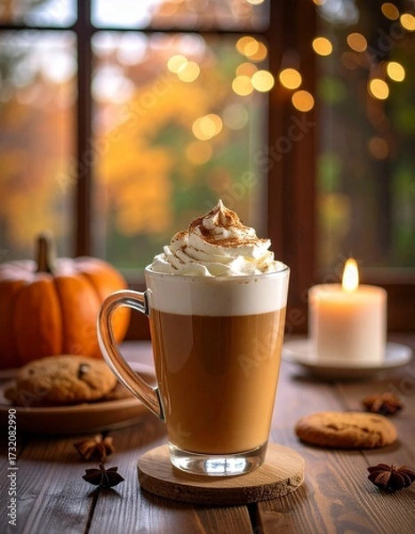 Obraz Cozy Autumn Pumpkin Spice Latte on Rustic Countertop – Warm Fall Coffee Drink Photography