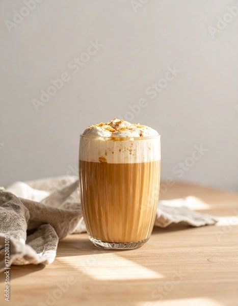 Fototapeta Cozy Autumn Pumpkin Spice Latte on Rustic Countertop – Warm Fall Coffee Drink Photography