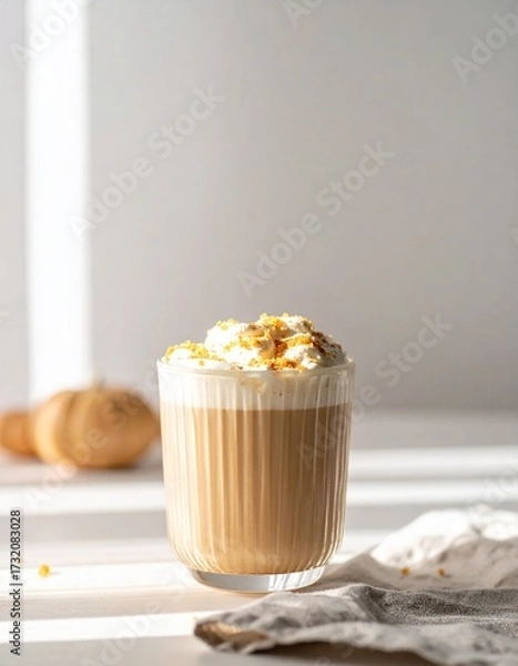 Fototapeta Cozy Autumn Pumpkin Spice Latte on Rustic Countertop – Warm Fall Coffee Drink Photography