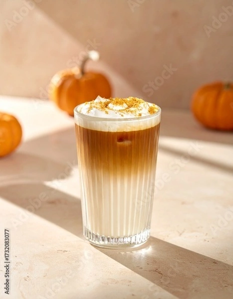 Obraz Cozy Autumn Pumpkin Spice Latte on Rustic Countertop – Warm Fall Coffee Drink Photography