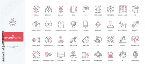 Fototapeta Implementation of AI services, activation and identification line icon set. Auto generated data with machine assistant, business automation thin black and red outline symbols vector illustration