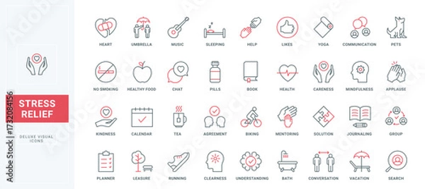 Fototapeta Relief and help with stress, care for mind and body line icons set. Practice yoga exercises and hobby, chat with friends, meditation and running thin black and red outline symbols, vector illustration