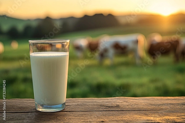 Fototapeta Dairy products. Bottles of milk, cottage cheese, yogurt, various cheese, mozzarella, butter on wooden table on meadow with grazing cows background	