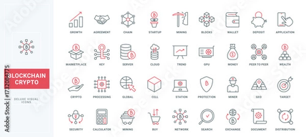 Fototapeta Blockchain thin black and red line icons set vector illustration. Outline financial structure of bitcoin and cryptocurrency investment, fintech transaction and payment, crypto trade and exchange