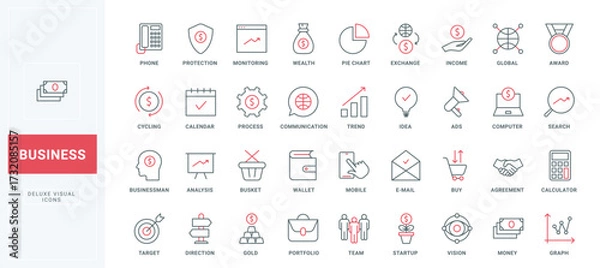 Fototapeta Business thin black and red line icons set vector illustration. Outline symbols of money protection and accounting, monitoring and analysis of global trend by chart, agreement and communication
