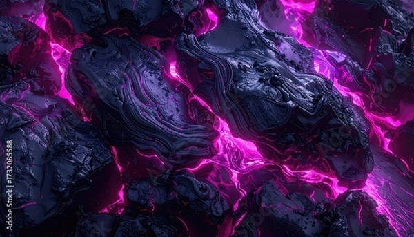 Fototapeta Abstract close-up of dark, textured rocks glowing with vibrant pink light