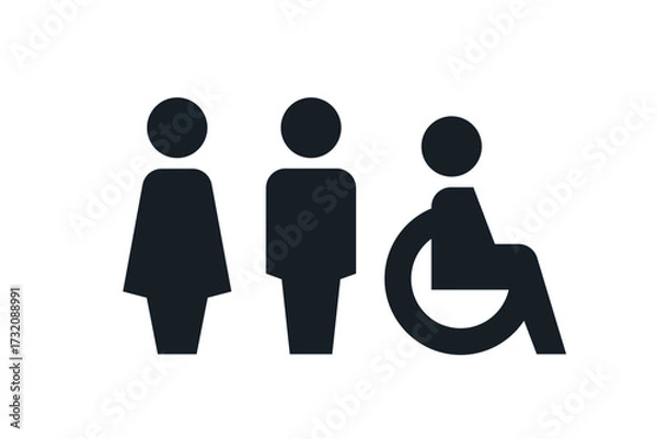 Fototapeta Accessibility restroom icons. Man, woman, and wheelchair user symbols in a minimalist design. Toilet icons, pictograms isolated on light background. WC symbols, vector logo illustration.
