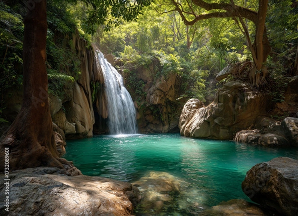 Obraz Scenic tropical waterfall with turquoise pool surrounded by lush green jungle and sunlight filtering through the trees