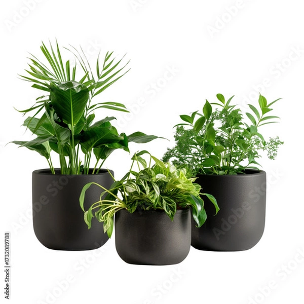 Obraz Indoor Green Plants in Modern Black Pots on Transparent Background