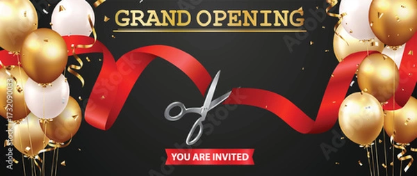 Fototapeta Grand opening invitation card design with red ribbon and confetti