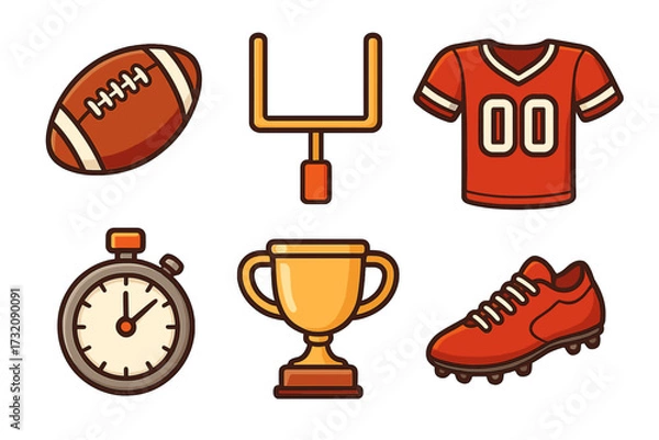 Fototapeta American football icon set. Vector cartoon collection of sports equipment: ball, goalpost, jersey, timer, trophy, and cleat shoe. Isolated graphic elements for game day.