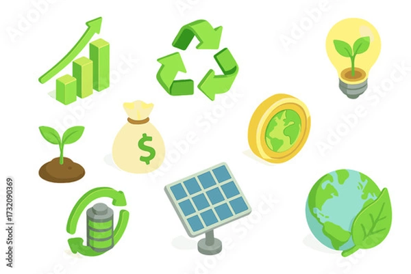 Fototapeta Isometric icon set for green business, ESG, and sustainability. Eco-friendly finance, investment, and renewable energy concepts. Vector icons for ecology and economic growth.