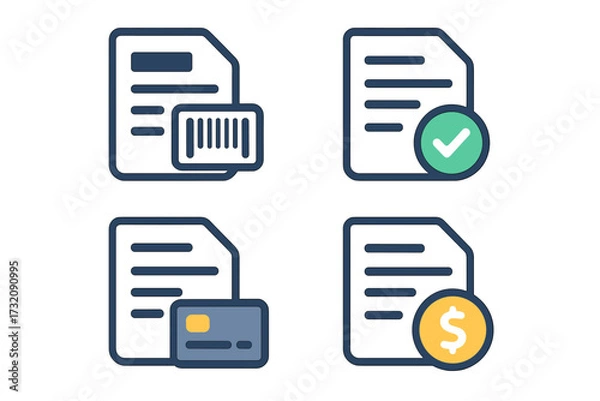 Fototapeta Invoice management icon set. Finance, billing, payment concepts. Vector symbols for accounting documents, credit card transaction, barcode scan, and approved payment checkmark.