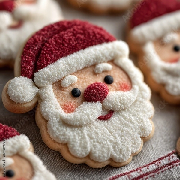 Fototapeta Delightful hand-decorated Santa cookies with vibrant red hat and fluffy texture for festive joy