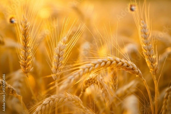 Fototapeta Close-up of golden wheat field at sunset with detailed grain textures, soft warm light and blurred background evoking rustic abundance.