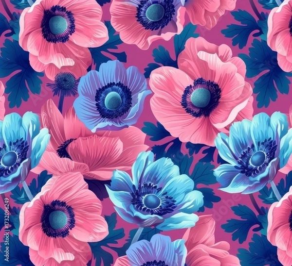 Fototapeta Pink blue and turquoise anemone flowers pattern on magenta background, large floral botanical design.