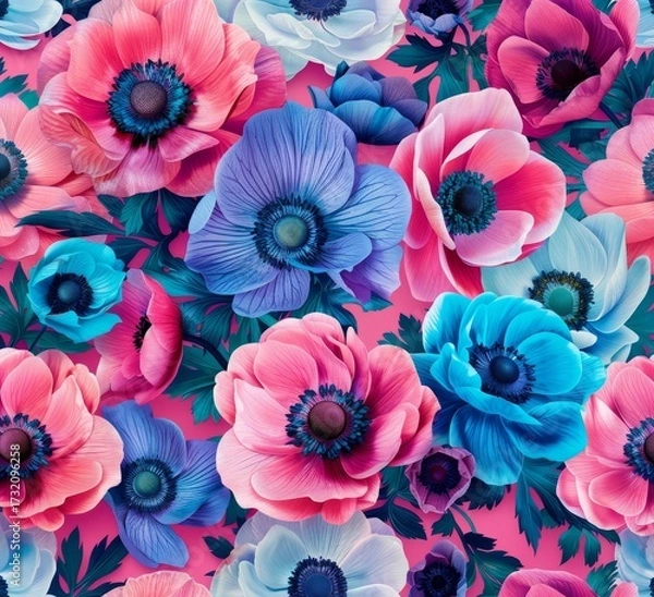 Fototapeta Pink blue and turquoise anemone flowers pattern on magenta background, large floral botanical design.