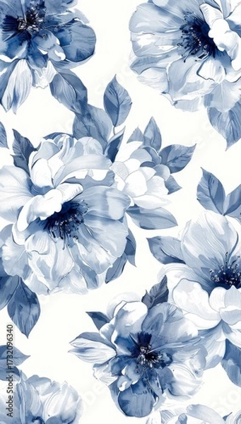 Fototapeta Vintage blue and white floral pattern with intricate details, seamless pen drawing style with shading for elegant design.