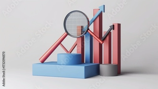 Fototapeta Red and blue bar graph on podium with growth arrow and magnifying glass for data analysis on white background, 3D rendering.