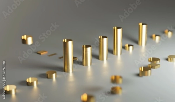Fototapeta Set of 3D gold candlestick chart icons floating against grey background, financial trading data and market analysis concept.