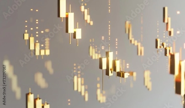 Fototapeta Set of 3D gold candlestick chart icons floating against grey background, financial trading data and market analysis concept.