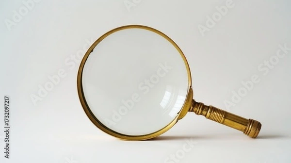 Fototapeta Old-fashioned magnifying glass with golden lens on white background, symbolizing business intelligence, data search and investigation.