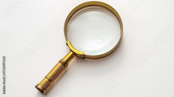 Fototapeta Old-fashioned magnifying glass with golden lens on white background, symbolizing business intelligence, data search and investigation.