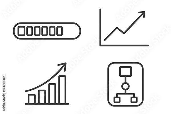 Obraz Business data analytics icon set. Outline infographic elements. Progress bar, growth chart, line graph, diagram, flowchart. Editable stroke vector for presentation, report, UI.