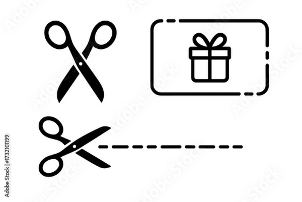 Fototapeta Scissors cut here icon with dashed line. Coupon or gift card cut out template. Vector graphic elements for discount voucher, promo code, shopping sale, and advertising.