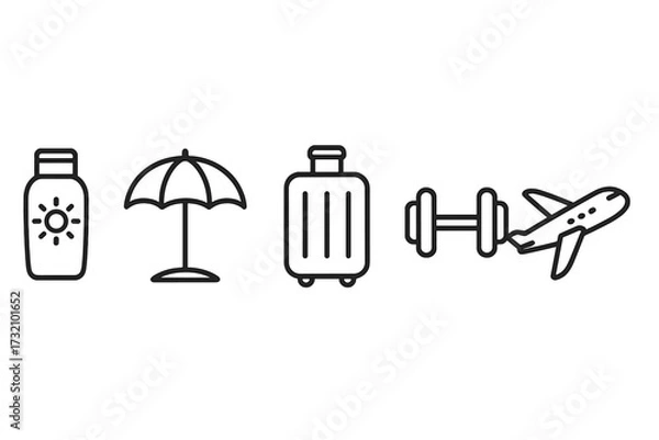 Fototapeta Travel related icon set with sunscreen bottle, beach umbrella, luggage, fitness dumbbell, airplane. Simple line art collection for banners, infographics, books, articles design elements