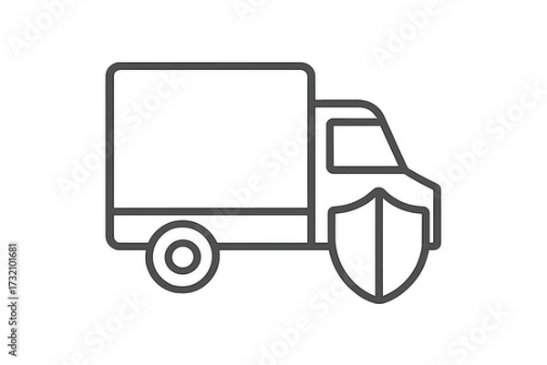Fototapeta Delivery truck with shield icon, safety protection, secure logistics line art illustration, cargo transport security, vehicle guard symbol, transparent background vector