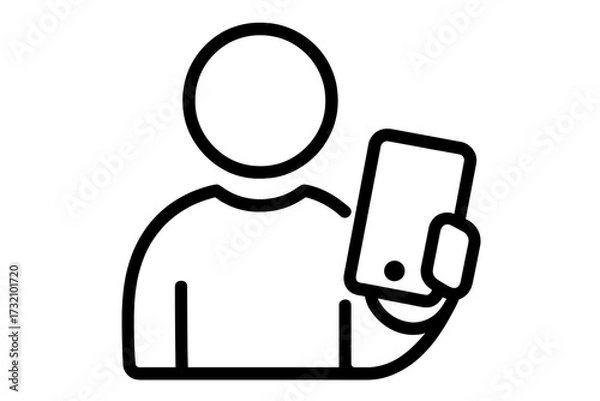 Fototapeta User silhouette holding smartphone icon, outline vector graphic for app design, mobile technology, web interfaces, digital communication, advertising, card services, transparent background