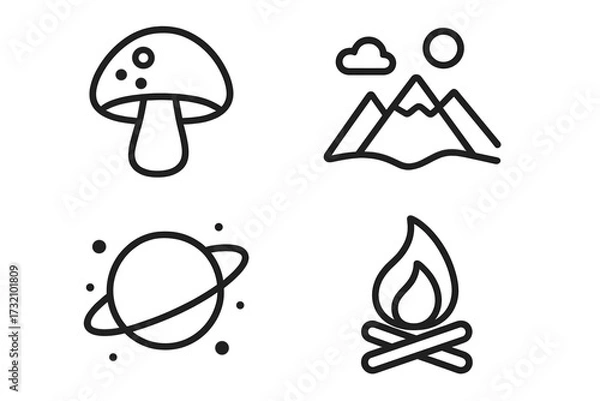 Fototapeta Mushroom, mountain, planet, bonfire icons set for websites and apps, vector cartoon illustrations with transparent background, nature and space elements, camping and adventure symbols
