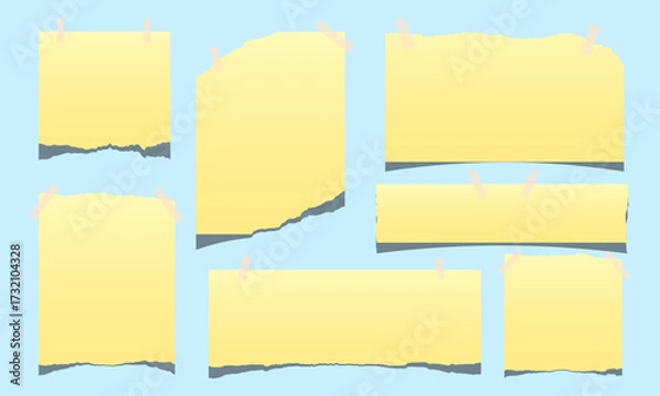 Fototapeta set of blank yellow sticky notes with paper tape isolated on blue background