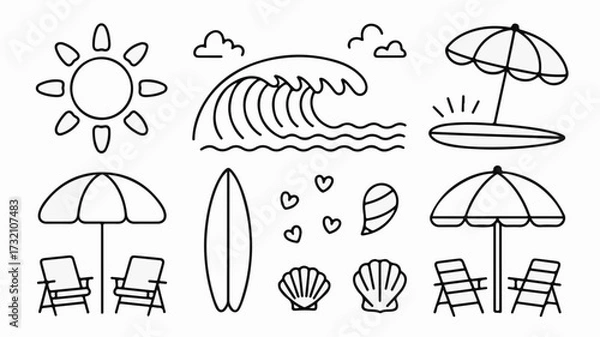 Fototapeta Vibrant summer beach icons capturing sunny days, crashing waves, and relaxing seaside moments