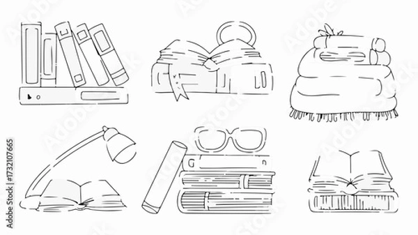 Obraz Cozy reading nook essentials, a delightful collection of books, a lamp, and glasses for your next literary adventure