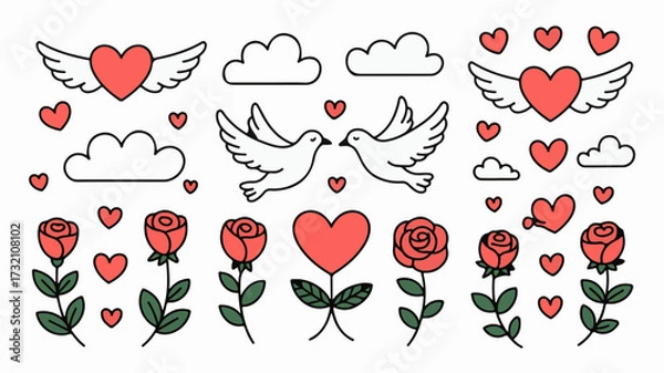 Fototapeta Charming collection of romantic hearts, loving doves, and elegant roses, perfect for expressing affection and celebrating love