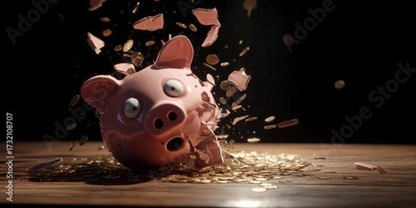 Obraz A hyper-realistic 3D image of a pink piggy bank exploding with a surprised expression on its face as coins fly around. A surreal and powerful concept of economic crisis or lost savings. Generative Ai.