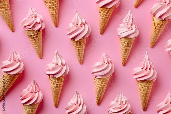 Fototapeta Pink ice cream cones on pink background pattern for a poster, flyer, invitation