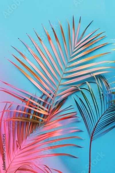 Fototapeta Palm fronds on cyan background, summer vibe for banner, product or blog design