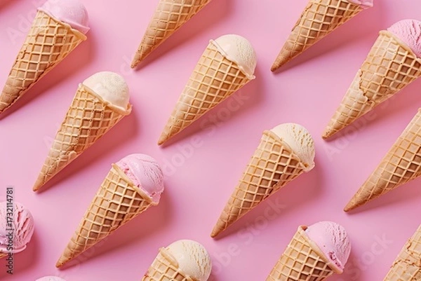 Fototapeta Ice Cream Cones Pattern on Pink Background for Summer Food Concept Promotion