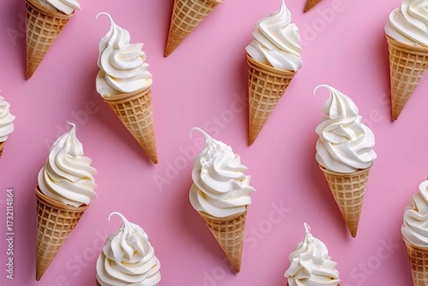 Fototapeta Ice cream cones arranged on pink background, sweet treat for summer promotions