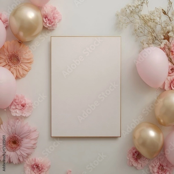 Fototapeta Celebration blank frame surrounded by flowers and balloons on beige backdrop