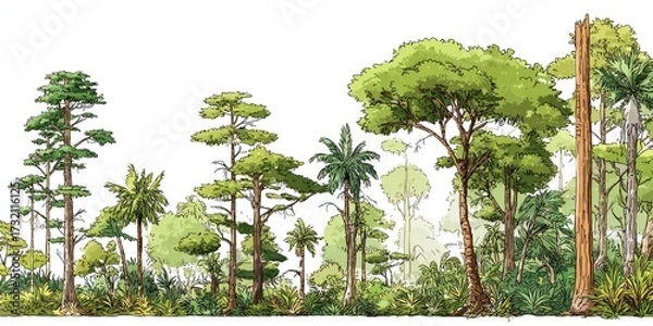 Fototapeta Forest Trees in Tropical Scenery; Illustration for books or nature studies