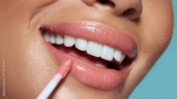 Fototapeta Applying lip gloss on smooth lips