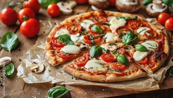 Fototapeta Sliced pizza on board, tomatoes, mushrooms, basil. Food photography, menu use